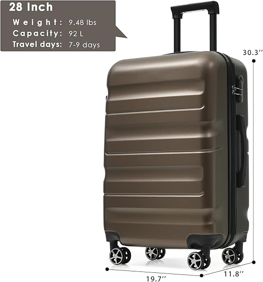 Merax 28 Inch Luggage Hardshell ABS Suitcase with 8 Silent Spinner Wheels Lightweight Durable Travel Checked Luggage for Long Trips Brown
