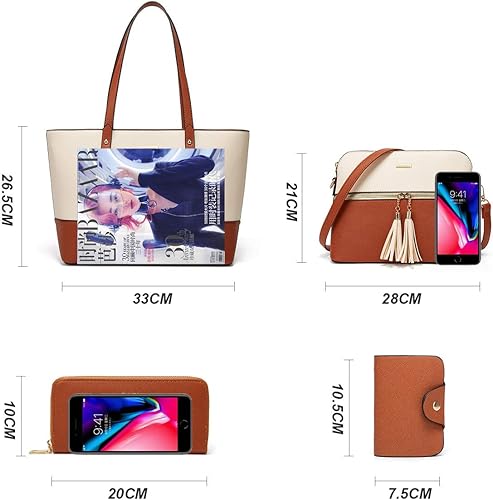 Women Fashion Synthetic Leather Handbags Tote Bag Shoulder Bag Top Handle Satchel Purse Set 4pcs