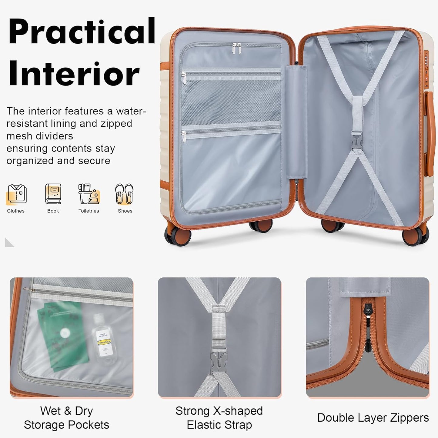 Luggage Sets 3 Piece with Spinner Wheels, Lightweight PC Hardside Suitcase with TSA Lock & YKK Zippers, 20 Inch Carry On Luggage with Travel Bag for Men and Women, Beige