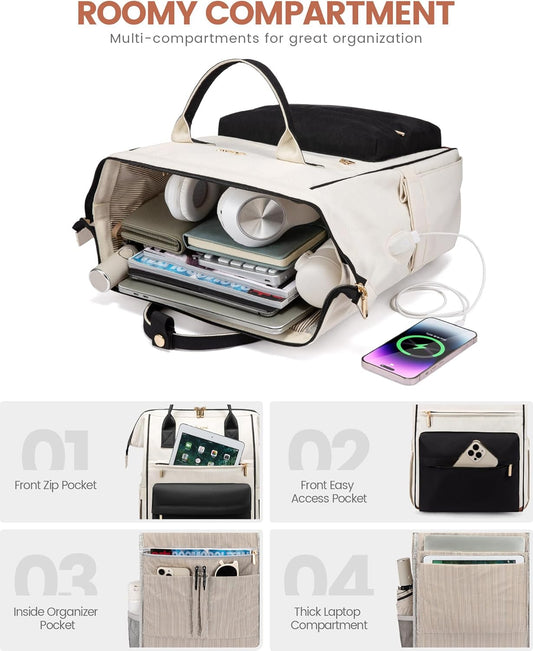 LOVEVOOK Laptop Backpack for Women 15.6 Inch, Travel Backpack with USB Charging Port Large Capacity Laptop Bag, Waterproof Bag for Business College Airline Approved Work Backpack(Black White)