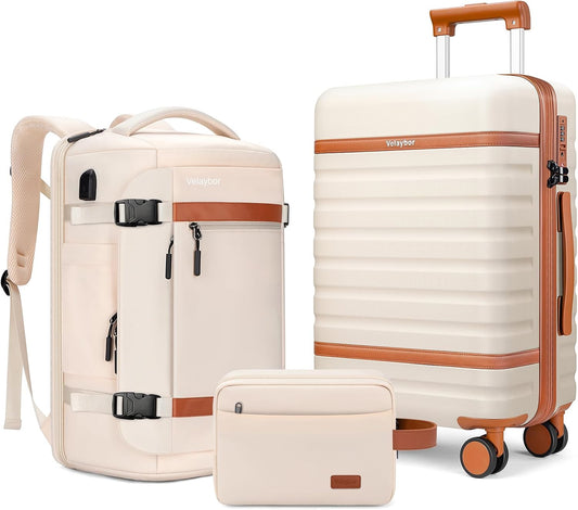 Luggage Sets 3 Piece with Spinner Wheels, Lightweight PC Hardside Suitcase with TSA Lock & YKK Zippers, 20 Inch Carry On Luggage with Travel Bag for Men and Women, Beige