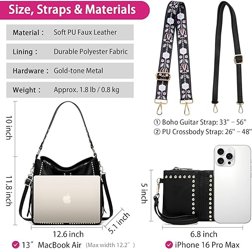 Roomy Hobo Tote Bag for Women, Studded Shoulder Handbag, 2-Piece Set with wallet, Crossbody Purse with Wide Boho Guitar Strap