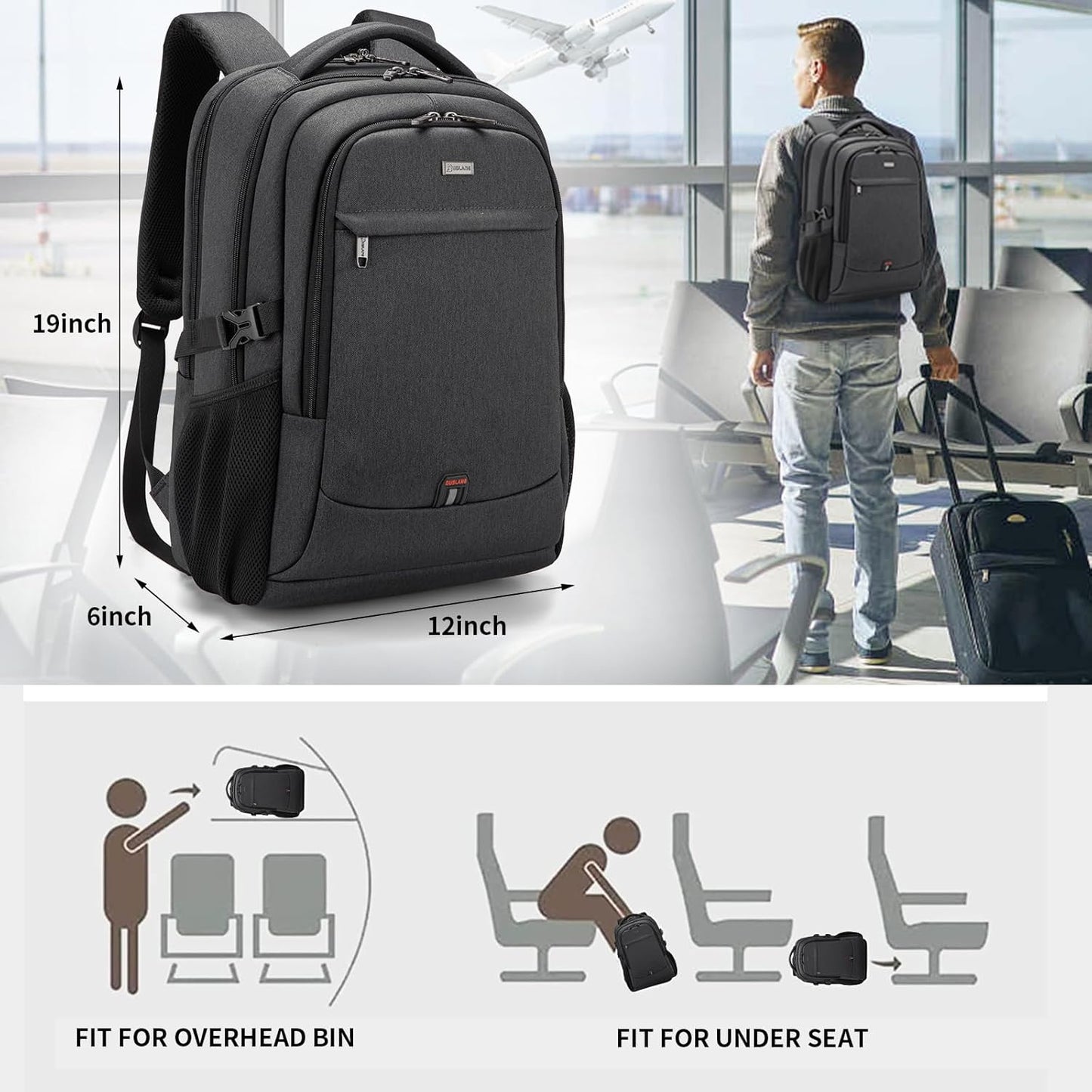 DUSLANG 17 Inch Laptop Backpack for Travel Water Resistant College Backpack for Men/Women Laptop Bag with USB Charging Port,Black