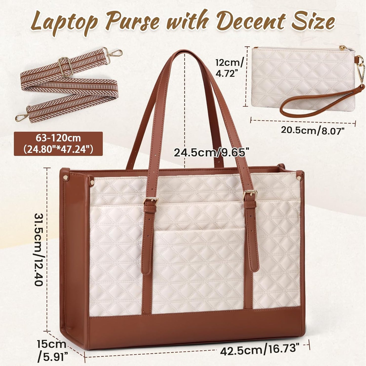 IGOLUMON Laptop Bag for Women 15.6 Inch Vegan Leather Work Tote Bag Quilted Womens Briefcase Designer Laptop Bags for Office Teacher College Cute Computer Bag with Purse Professional Beige & Brown