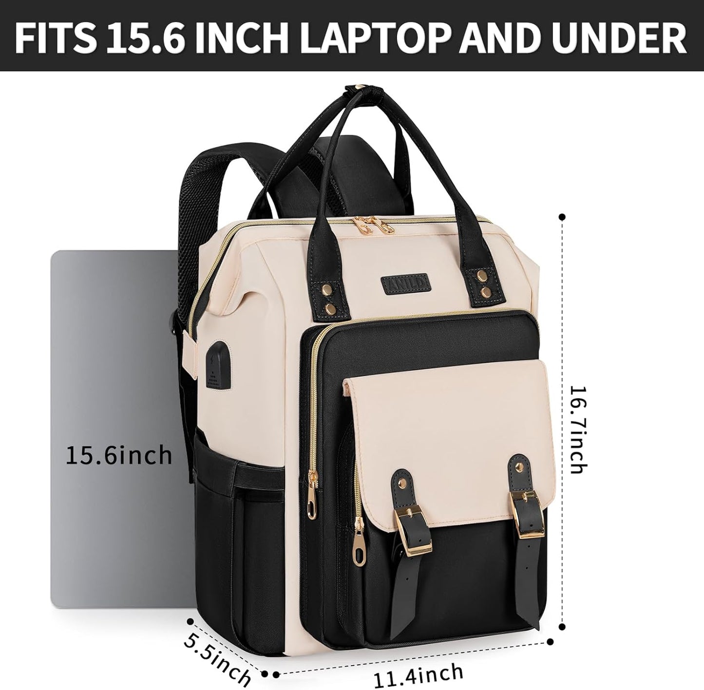ANILD Travel Laptop Backpack for Women, 15.6 Inch Work Backpack with USB Charging and Port Luggage Strap, Airline Approved Business Work Bag for Nurse College Teacher