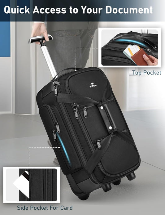 MATEIN Wheeled Duffle Bag Luggage, Carry On Duffle Bag with Wheels & Insulated Side Pockets, 21 Inch Rolling Luggage with Wet Pocket for Men, Business, Black