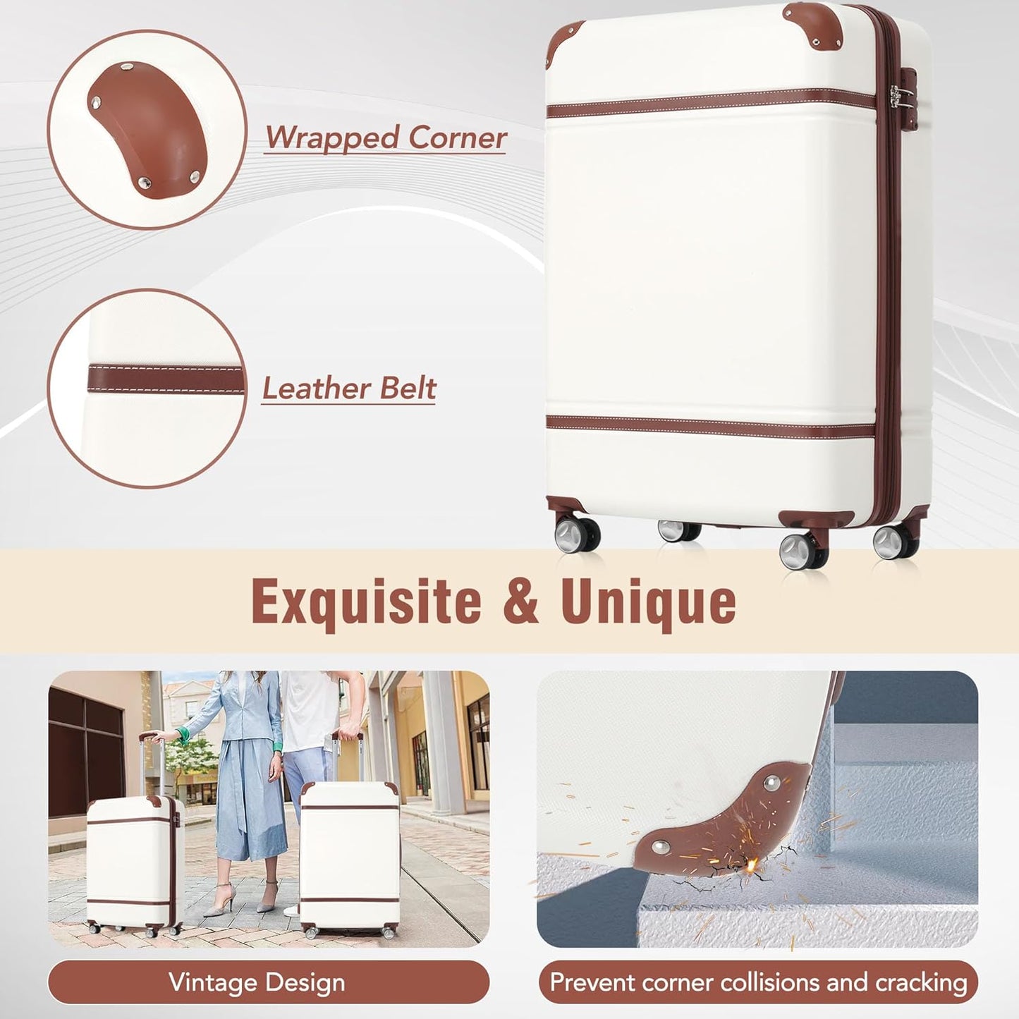 Merax Luggage Set 3 Piece Suitcase Set with Cosmetic Case Expandable Spinner Wheels Vintage Luggage Sets(White,20"+24"+28")