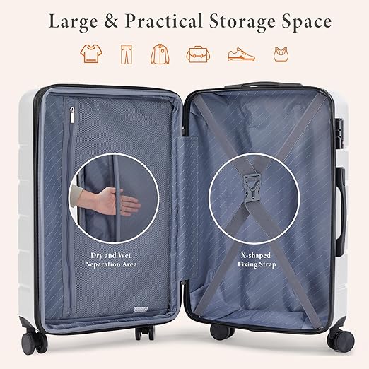 Sweetcrispy Carry on Luggage, Hard Shell ABS Suitcase with Double Spinner Wheels, Lightweight Expandable Rolling Suit Case with TSA Lock, 24 Inch Cream White