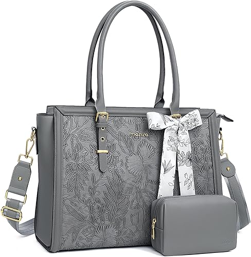 MOSISO Laptop Bag for Women, PU Leather Tote Bag, Front Embossed Retro Hibiscus Computer Bags with Silk Scarf&Clutch Purse
