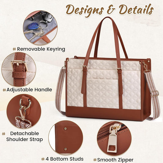 IGOLUMON Laptop Bag for Women 15.6 Inch Vegan Leather Work Tote Bag Quilted Womens Briefcase Designer Laptop Bags for Office Teacher College Cute Computer Bag with Purse Professional Beige & Brown