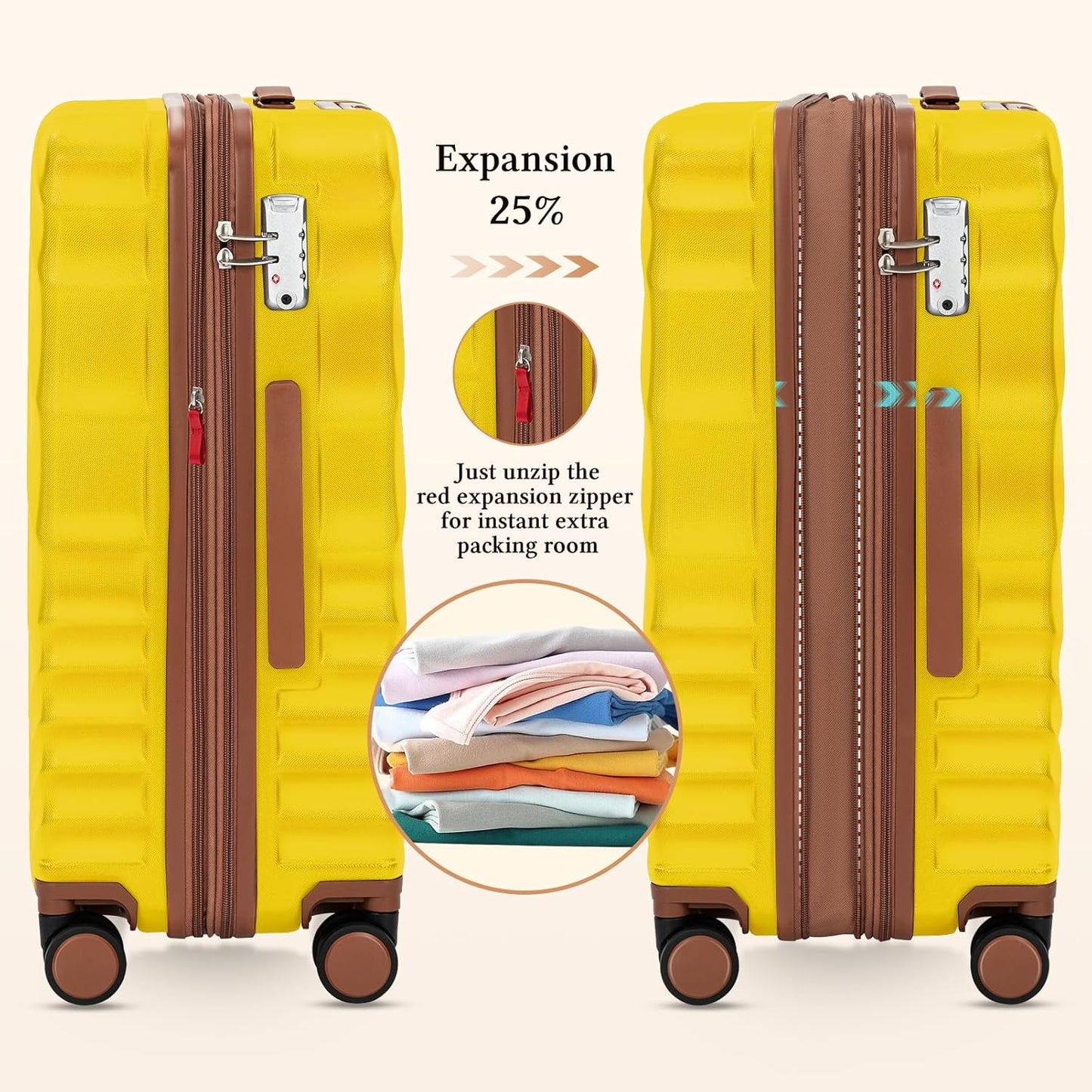 5 piece Luggage Set Expandable Suitcase 22x14x9 Airline Approved Carry on, ABS Hard Case Suitcases with Spinner Wheels, TSA Lock (Yellow)