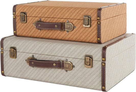 Deco 79 Wooden Decorative Trunk Vintage Studded Woven Storage Decorative Large Boxes with Bronze Latches and Brown Handles, Set of 2 Storage Trunks 16", 14" W, Multi Colored