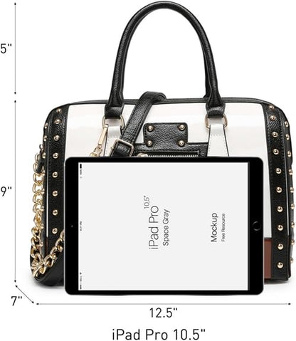 Dasein Women's Barrel Bag Shiny Patent Faux Leather Handbag with Rivet Decoration Top Handle Satchel Shoulder Purse