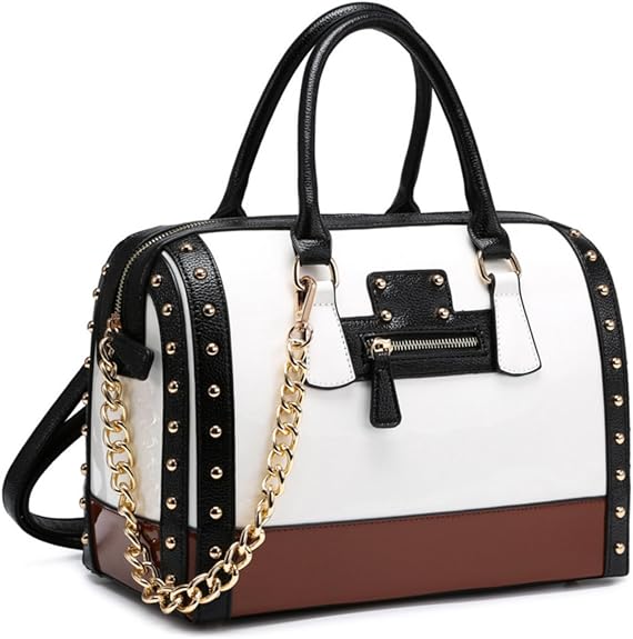 Dasein Women's Barrel Bag Shiny Patent Faux Leather Handbag with Rivet Decoration Top Handle Satchel Shoulder Purse