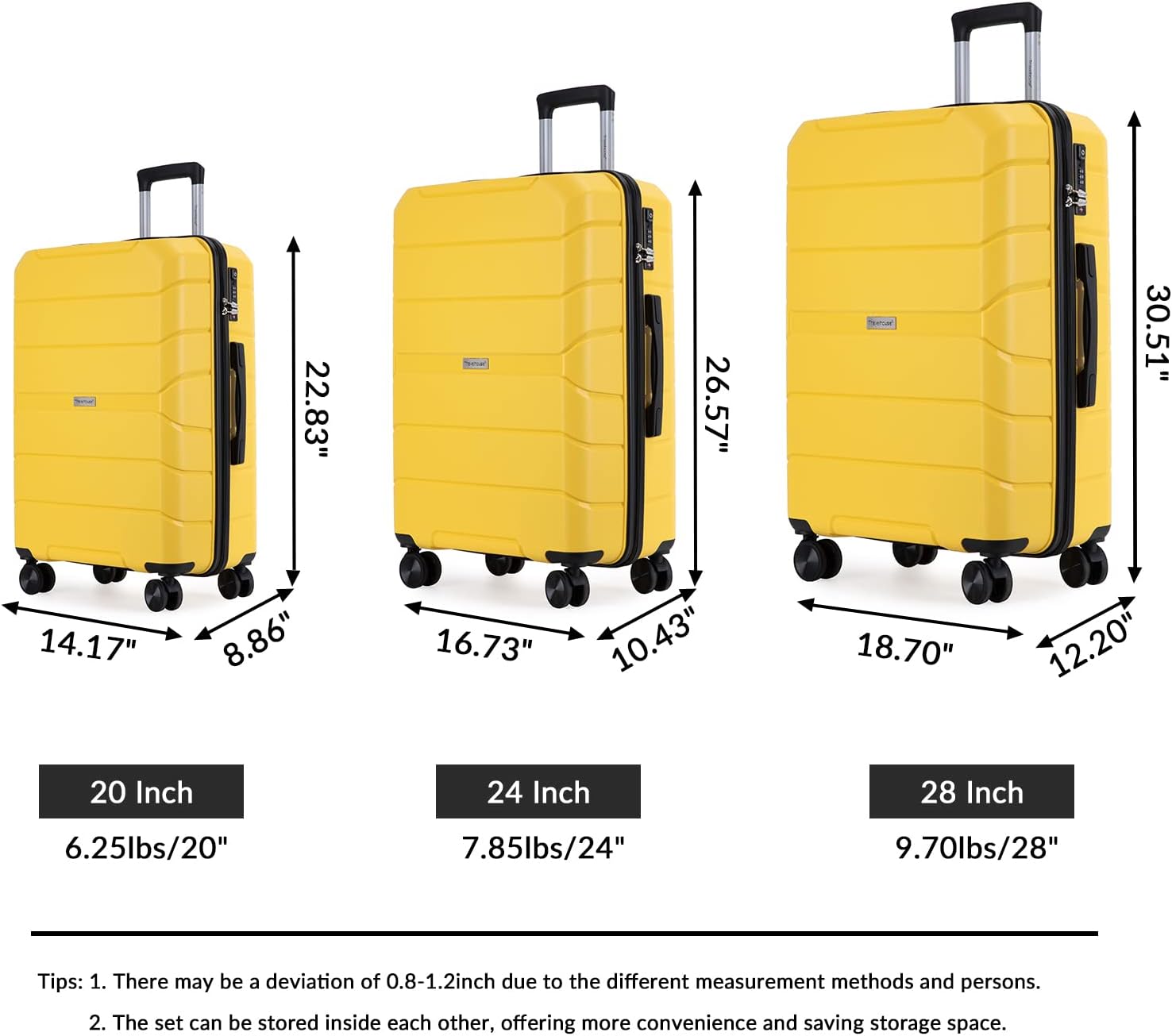 Travelhouse Luggage Sets 3 Piece PP Suitcase Set Hardside Spinner Wheel Luggage Clearance Lightweight TSA Lock for Travel, Business(20/24/28)(Yellow)
