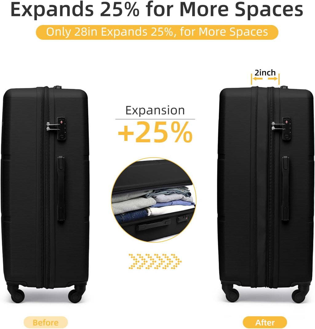 LARVENDER Luggage Sets 5 Piece, Expandable(Only 28in) ABS Suitcase with Duffel Bag 360° Spinner Wheels, Durable Luggage Set Clearance Carry On Suitcase Set For Women Men, Black