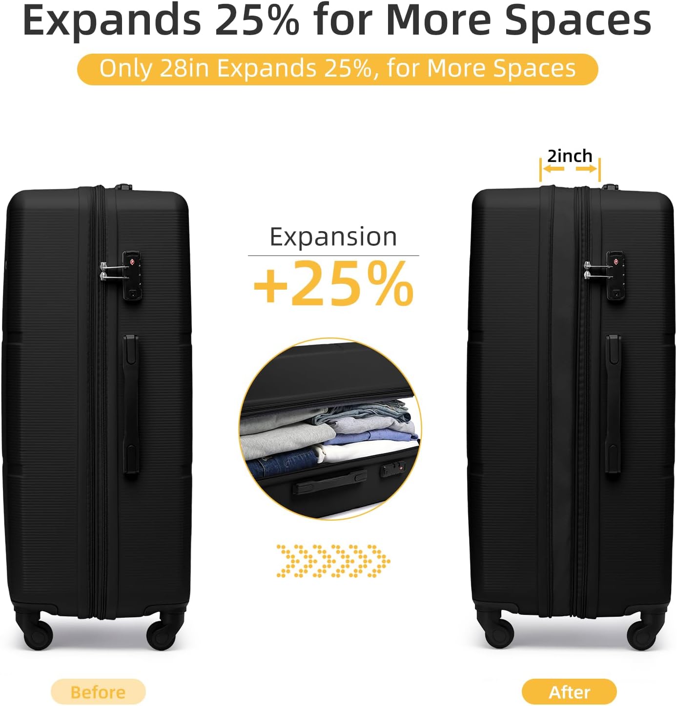 LARVENDER Luggage Sets 5 Piece, Expandable(Only 28in) ABS Suitcase with Duffel Bag 360° Spinner Wheels, Durable Luggage Set Clearance Carry On Suitcase Set For Women Men, Black