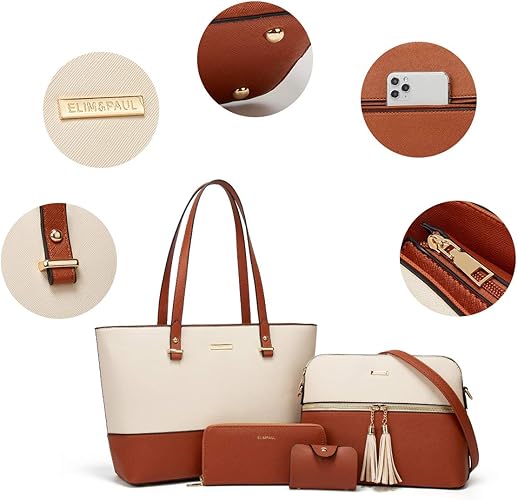 Women Fashion Synthetic Leather Handbags Tote Bag Shoulder Bag Top Handle Satchel Purse Set 4pcs