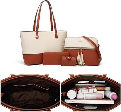 Women Fashion Synthetic Leather Handbags Tote Bag Shoulder Bag Top Handle Satchel Purse Set 4pcs