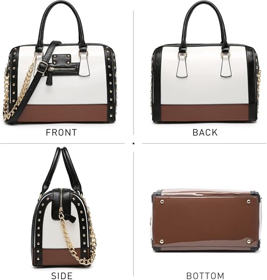 Dasein Women's Barrel Bag Shiny Patent Faux Leather Handbag with Rivet Decoration Top Handle Satchel Shoulder Purse