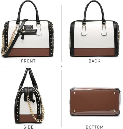 Dasein Women's Barrel Bag Shiny Patent Faux Leather Handbag with Rivet Decoration Top Handle Satchel Shoulder Purse