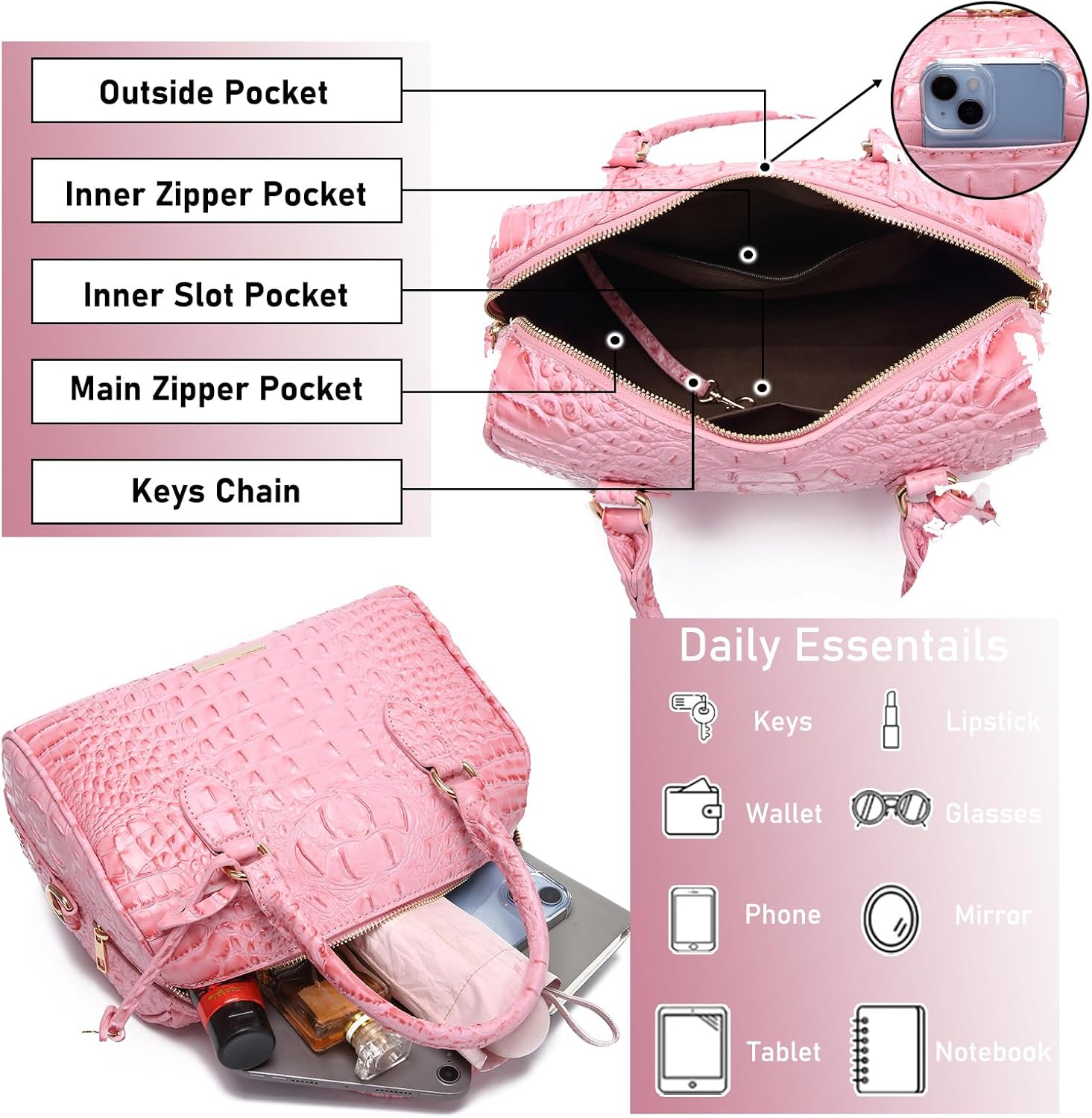 Makcr Joacbv Top-Handle Crocodile Purses For Women Crossbody Leather Bags Trendy Large Capacity Tote with Shoulder Strap