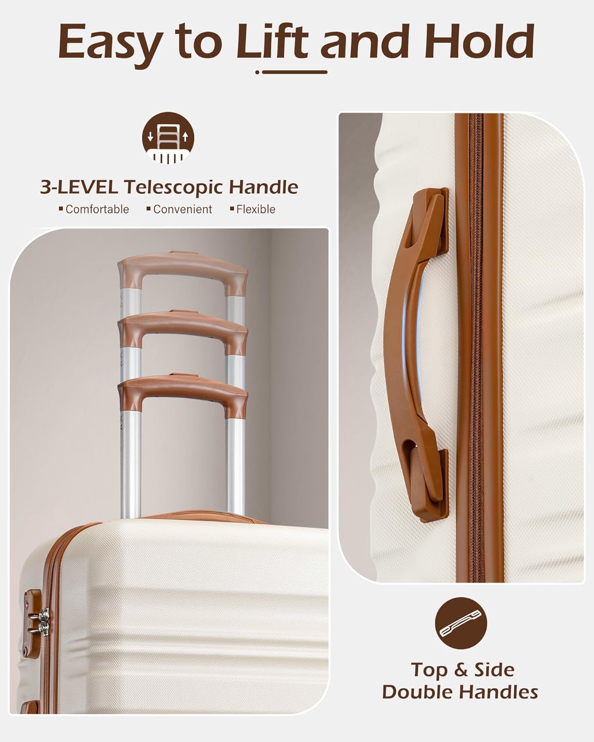 LONG VACATION 6 Piece Luggage Set Carry on Suitcase with ABS+PC hardshell, Spinner Wheels & YKK Zipper TSA Lock (BEIGE-BROWN, 6 piece set)