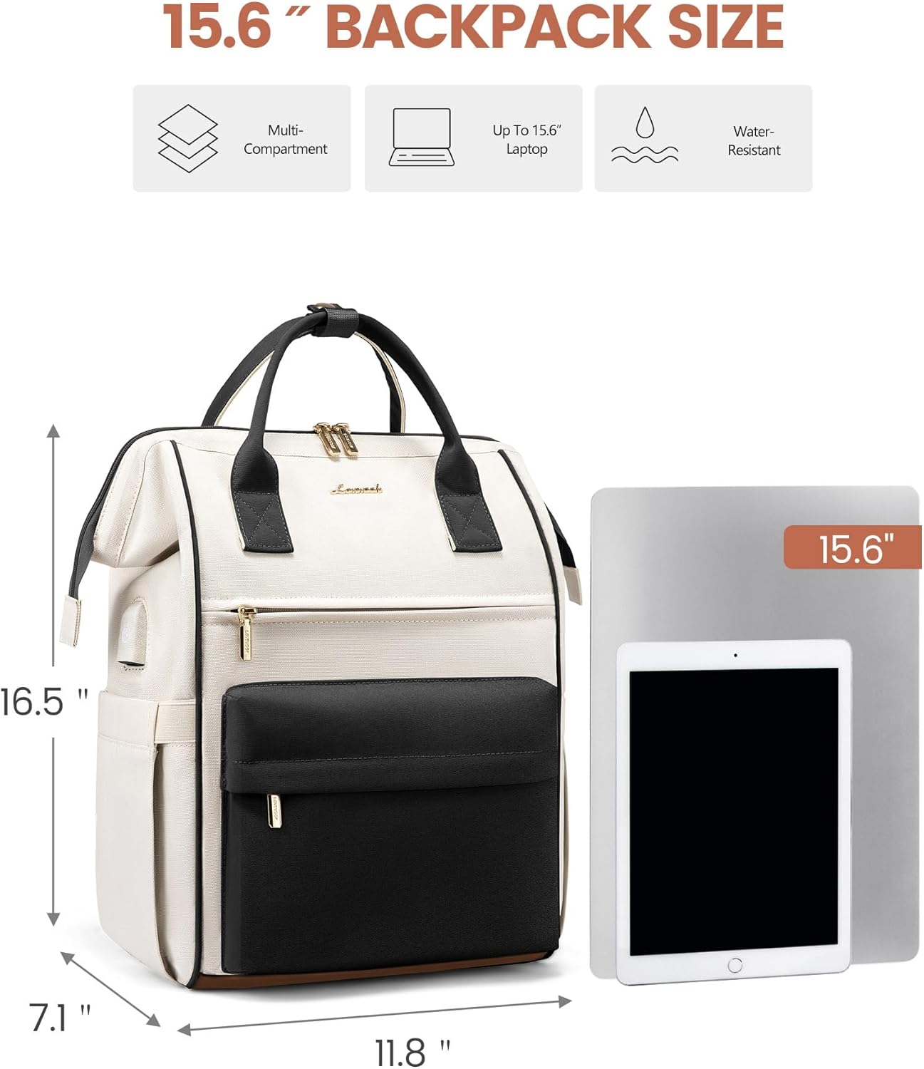LOVEVOOK Laptop Backpack for Women 15.6 Inch, Travel Backpack with USB Charging Port Large Capacity Laptop Bag, Waterproof Bag for Business College Airline Approved Work Backpack(Black White)