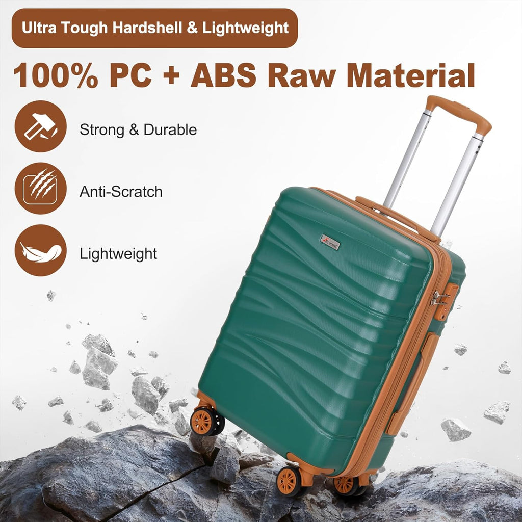 Romswi 3 Piece Luggage Sets, Expandable PC+ABS Hardshell Suitcase Set with TSA Lock YKK Zipper and Dual Spinner Wheels, Large Checked Travel Suitcases, 22/26/30 Inch, Green