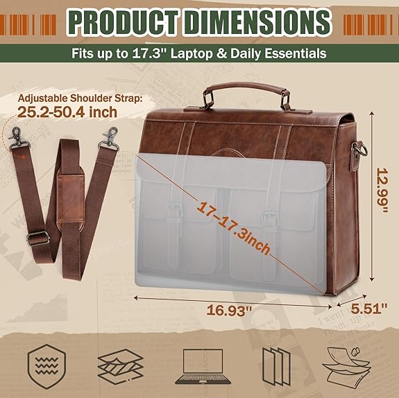 RAINSMORE Mens Messenger Bag 17 Inch Vintage Leather Laptop Briefcase Magnetic Closure Large Satchel Computer Shoulder Bag