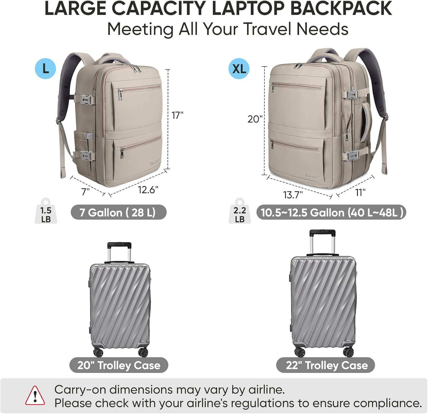 BALEINE Travel Backpack for Women Men, Large Sturdy Carry On Laptop Backpack Gifts for Business, Casual, Weekender, Hiking (Large, Beige)