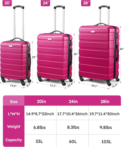 Suitour Luggage 3 Piece Sets Hard Shell Luggage Set with Spinner Wheels, TSA Lock, 20 24 28 inch Travel Suitcase Sets,Rose Red