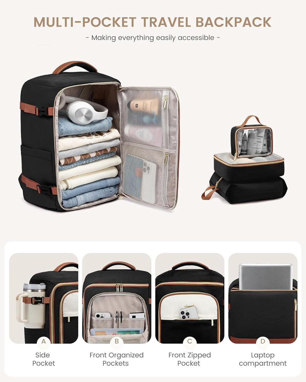 LOVEVOOK 40L Travel Backpack Carry on Flight Approved,Travel Bag for Women with 3 Packing Cubes, Personal Item Bag Fits 17" Laptop, Water-resistant Carry On Backpack for Airplanes