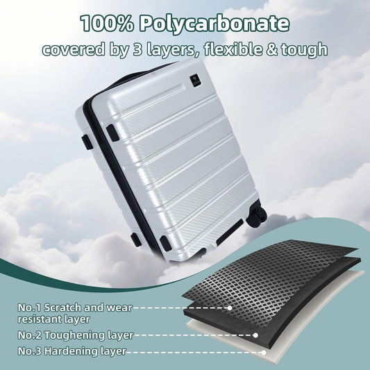 Luggage Sets 3 Piece, 100% PC Hardside Luggage with Spinner Wheel TSA LOCK Lightweight Quiet Suitable for Men and Women, Family Travel Y01 Silver 20/24/28(Diagonal stripes)