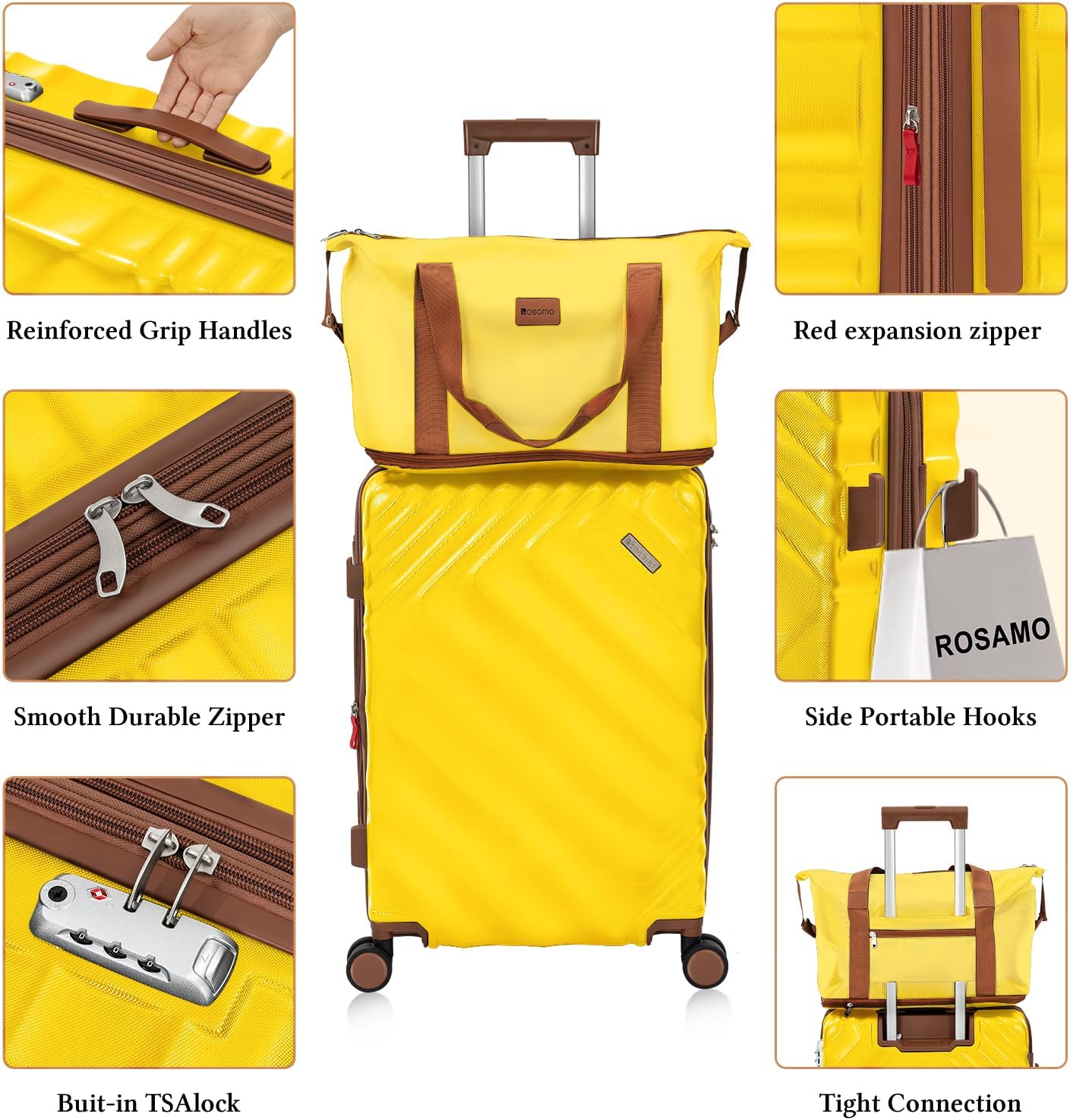 5 piece Luggage Set Expandable Suitcase 22x14x9 Airline Approved Carry on, ABS Hard Case Suitcases with Spinner Wheels, TSA Lock (Yellow)