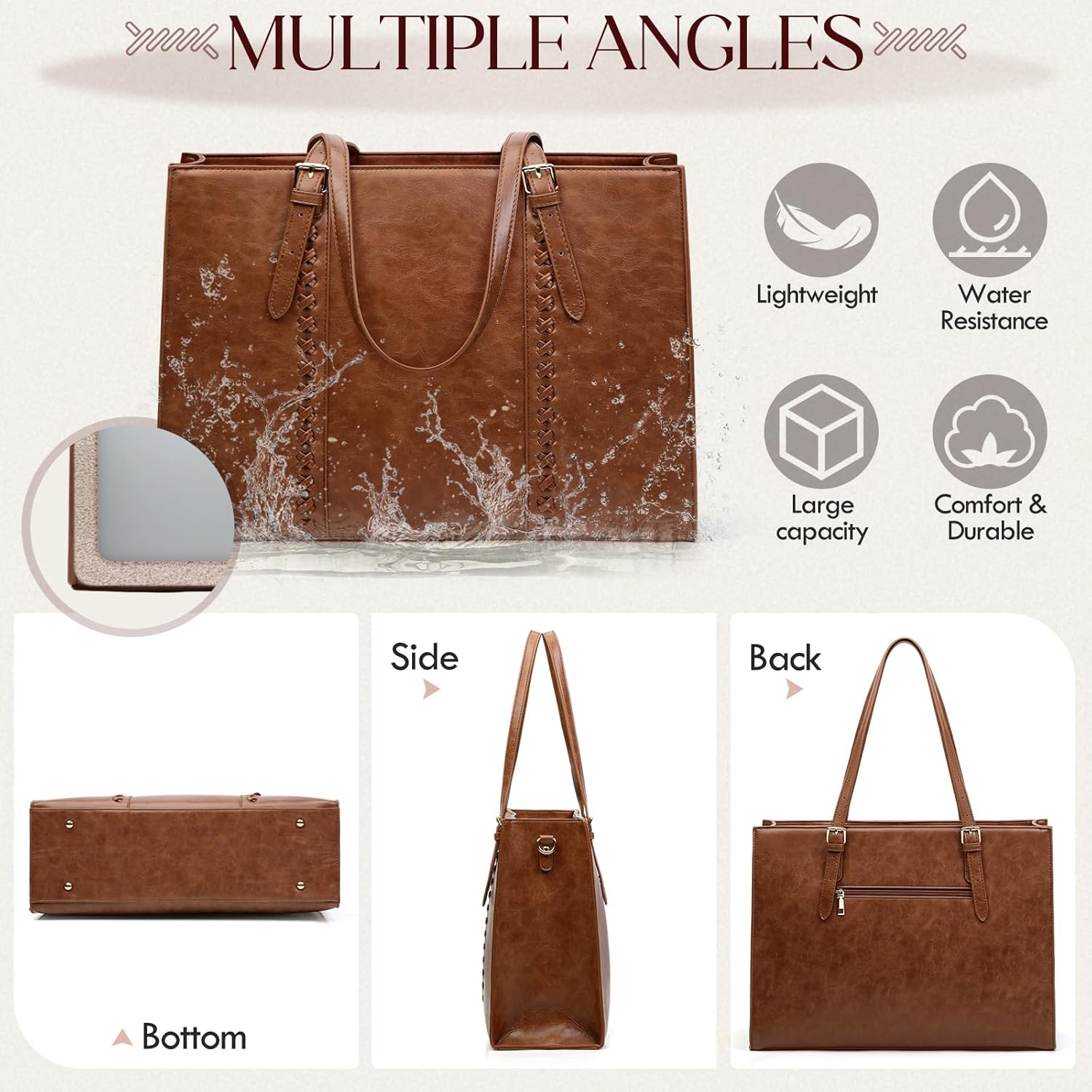 RAINSMORE Laptop Bag for Women, 15.6 inch Laptop Tote Bag PU Leather Computer Work Bag Lightweight Shoulder Handbags, Brown