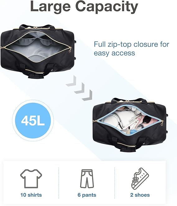 BAGSMART Rolling Duffle Bag with Wheels, 45L Carry-on Luggage Large Travel Bag with Shoes Compartment, Weekender Overnight Bag for Travel, Business Trips(Black)