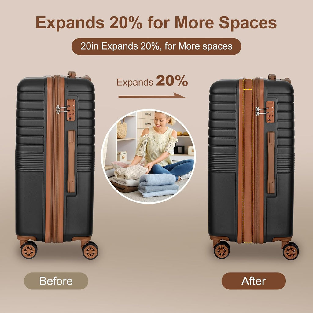 Romswi 3 Piece Luggage Sets, Expandable PC+ABS Hardshell Suitcase Set with TSA Lock YKK Zipper and Dual Spinner Wheels, Large Checked Travel Suitcases, 22/26/30 Inch, Black