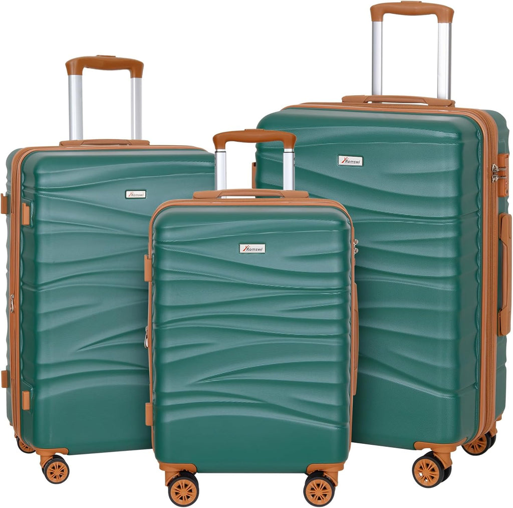 Romswi 3 Piece Luggage Sets, Expandable PC+ABS Hardshell Suitcase Set with TSA Lock YKK Zipper and Dual Spinner Wheels, Large Checked Travel Suitcases, 22/26/30 Inch, Green