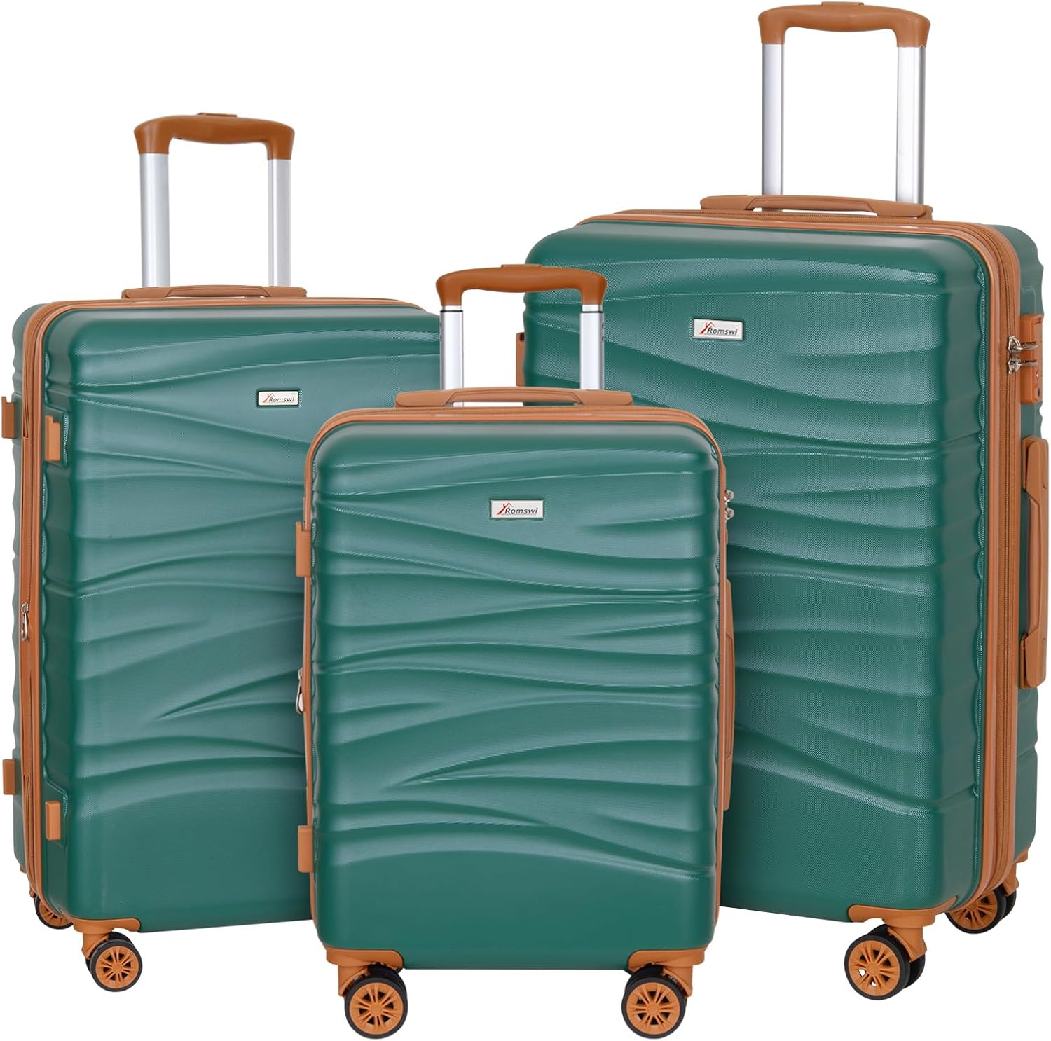 Romswi 3 Piece Luggage Sets, Expandable PC+ABS Hardshell Suitcase Set with TSA Lock YKK Zipper and Dual Spinner Wheels, Large Checked Travel Suitcases, 22/26/30 Inch, Green