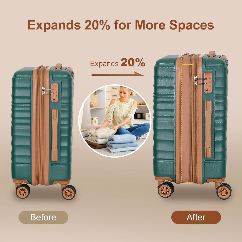 Romswi 3 Piece Luggage Sets, Expandable PC+ABS Hardshell Suitcase Set with TSA Lock YKK Zipper and Dual Spinner Wheels, Large Checked Travel Suitcases, 22/26/30 Inch, Green