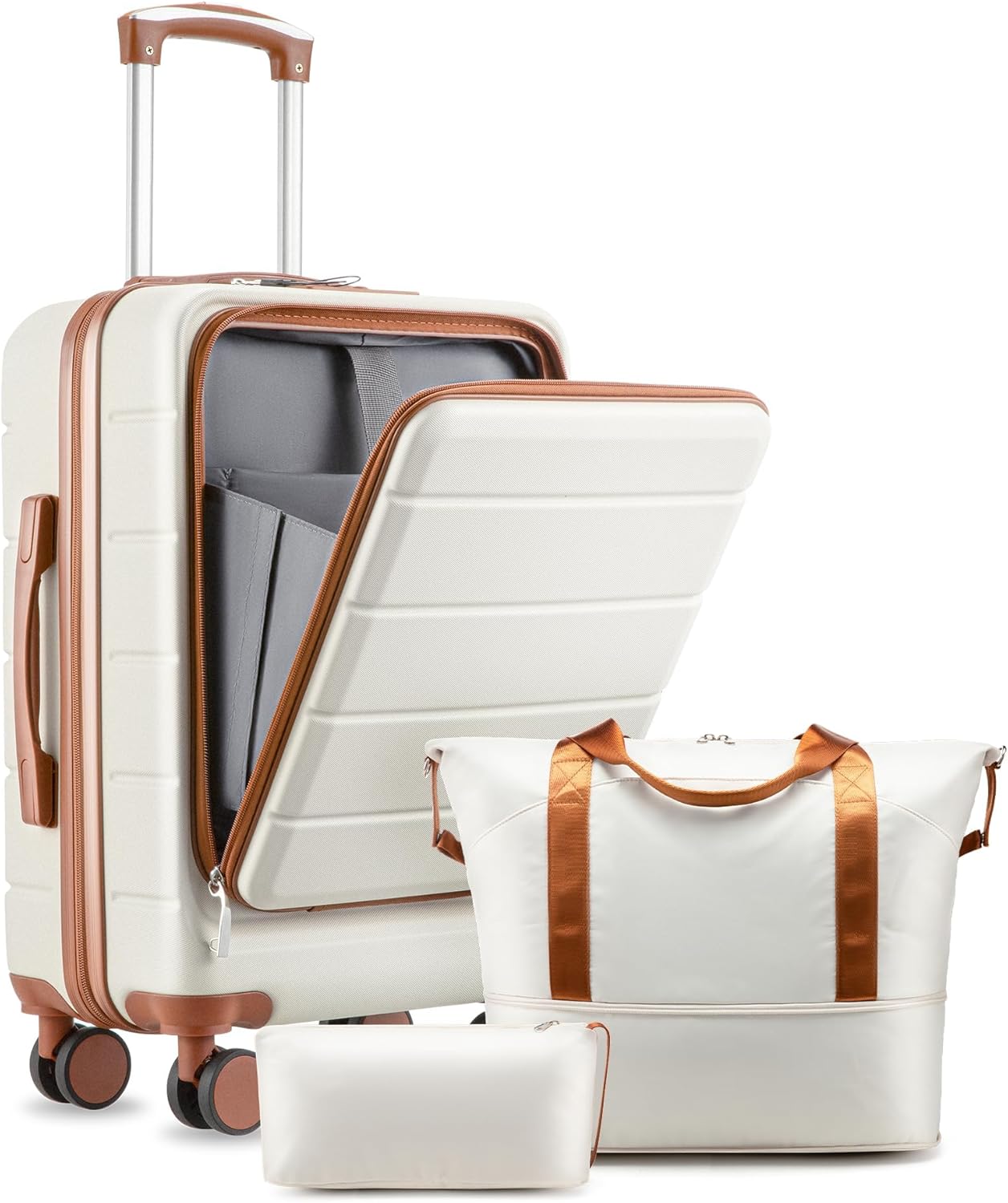 Carry On Luggage 22 x 14 x 9 Airline Approved, H1F Front Pocket Hardside Suitcase with Spinner Wheels, TSA Lock, Includes Tote Bag (FX-Lite, Beige, 3 Piece Sets)