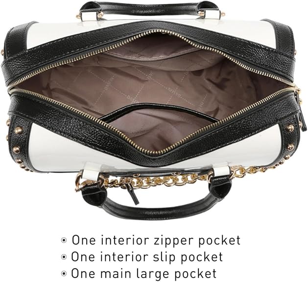 Dasein Women's Barrel Bag Shiny Patent Faux Leather Handbag with Rivet Decoration Top Handle Satchel Shoulder Purse