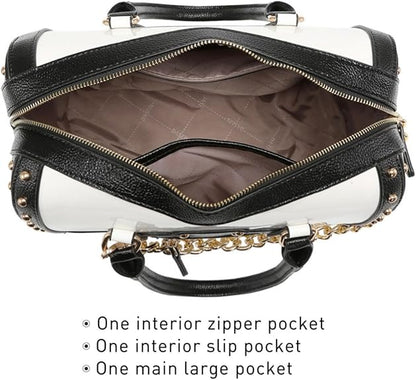 Dasein Women's Barrel Bag Shiny Patent Faux Leather Handbag with Rivet Decoration Top Handle Satchel Shoulder Purse