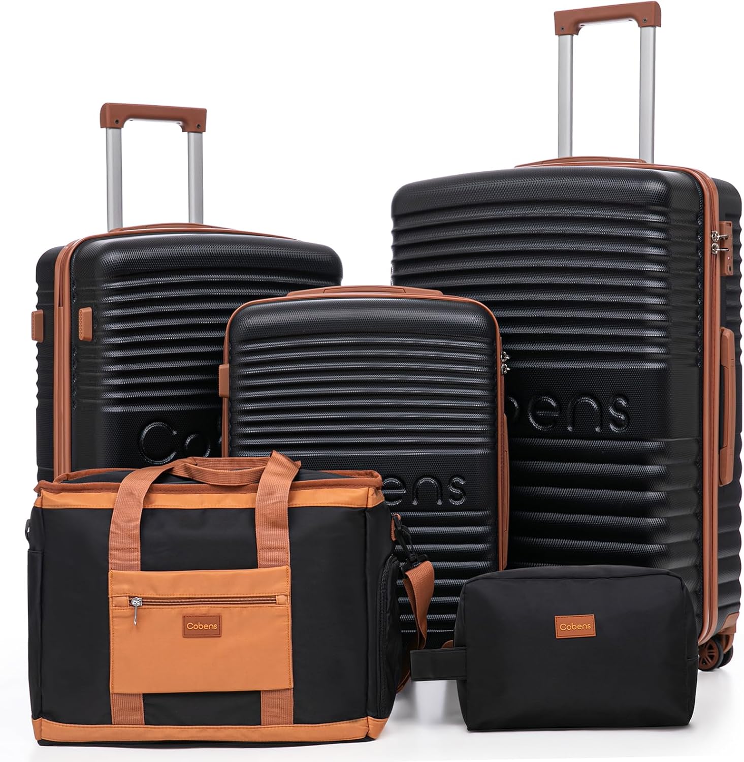Cobens 5 Piece Luggage Sets with Spinner Wheels and Tsa Lock, Unisex Hardshell ABS Suitcase Set, Lightweight Hardside Waterproof Travel Suitcases for Men Women, 20/24/28in Black