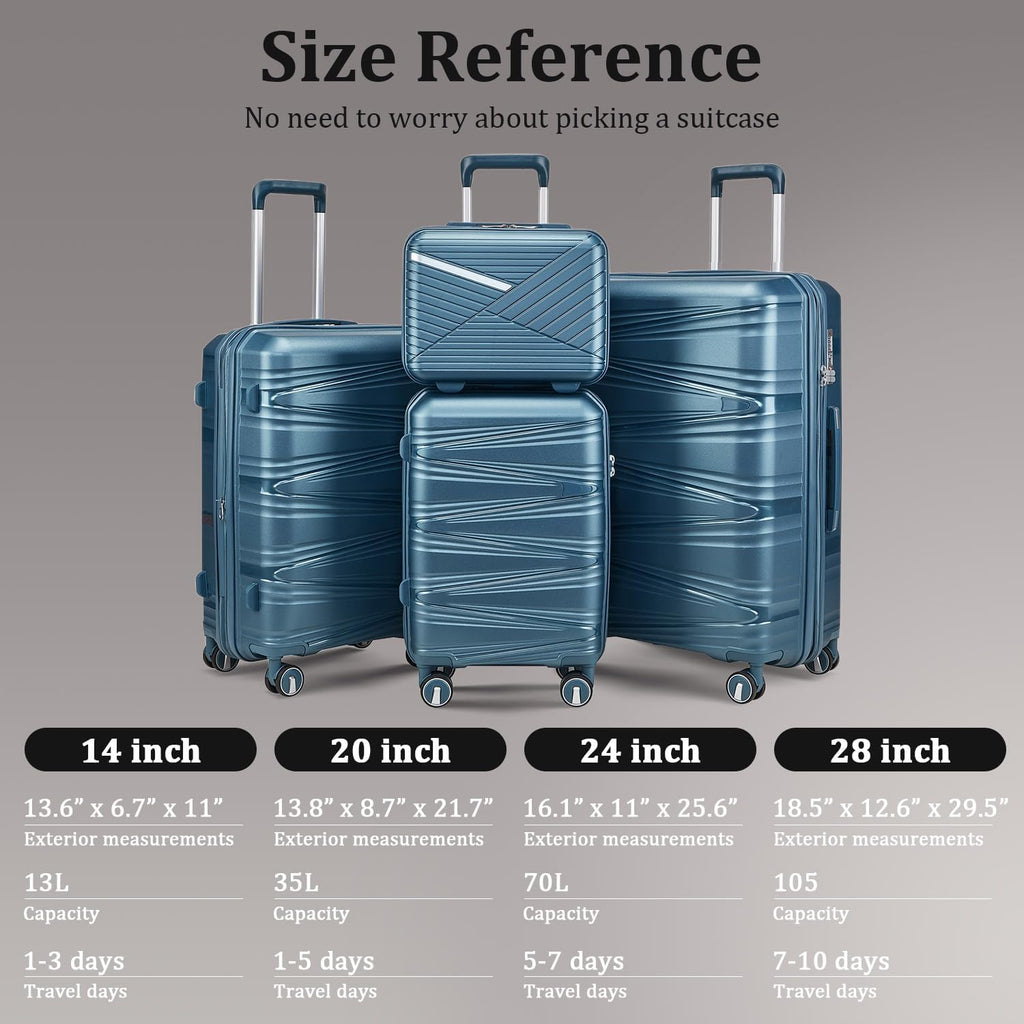 4 Piece Expandable Hardshell Pink Luggage Sets with Spinner Wheels, Lightweight Travel Suitcase Set with TSA Locks, 20 inch Carry On (Peacock Blue, 4 Piece Set (14in/20in/24in/28in))