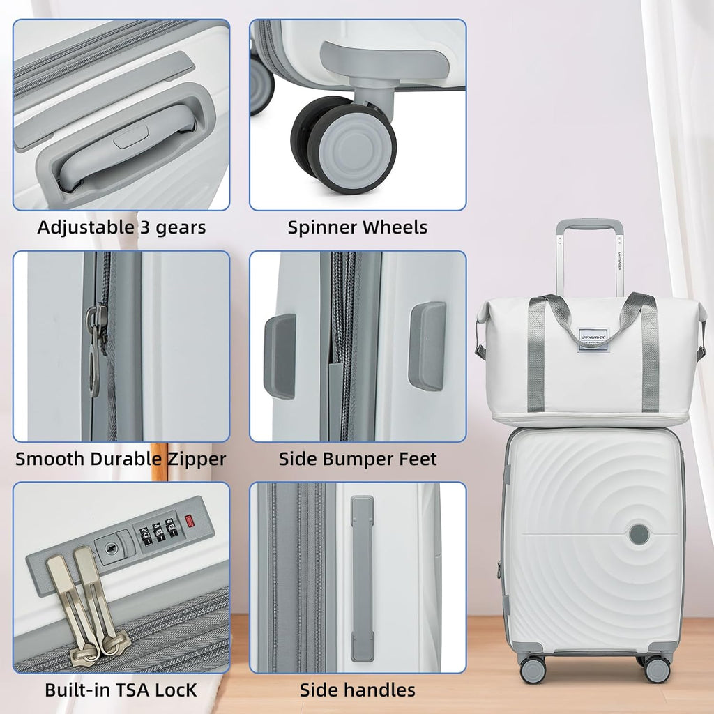 LARVENDER Luggage Sets 5 Piece, PP Hardshell Suitcase Set, Carry on Luggage Set, Expandable Travel Luggage Set with TSA Lock, Large Suitcase with Spinner Wheels for Women Men(WHITE/20/24/28/DB/TB)