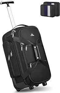 MATEIN Wheeled Duffle Bag Luggage, Carry On Duffle Bag with Wheels & Insulated Side Pockets, 21 Inch Rolling Luggage with Wet Pocket for Men, Business, Black