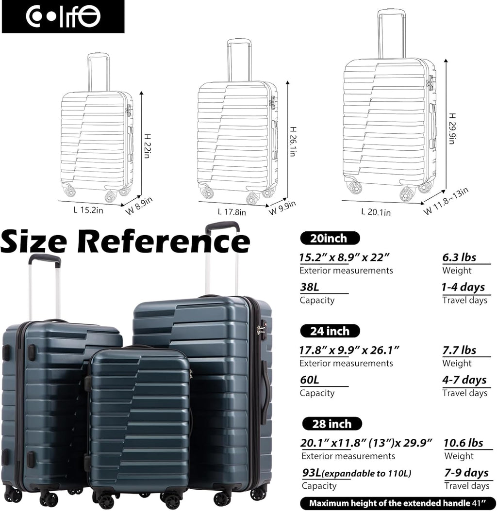 Coolife Expandable Suitcase Luggage set PC ABS TSA Lock Spinner Carry on 3 Piece Sets (blue)