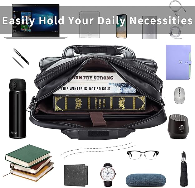 seyfocnia Men's Business Travel Briefcase Leather Handmade Messenger Bags Laptop Bag